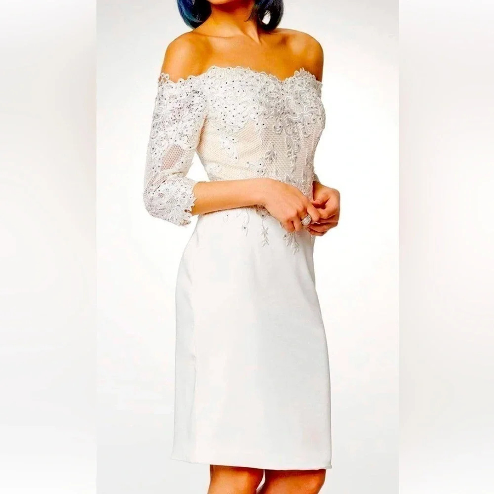 Clarisse - M6566 Lace Off-Shoulder Satin Sheath Knee Length Dress size 16